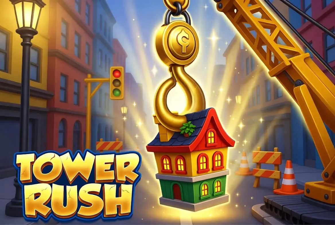 Tower Rush game screen showing the crane and a rising tower of floors