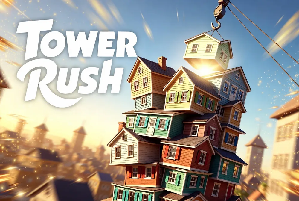 Tower Rush casino game climbing at golden hour over a city skyline