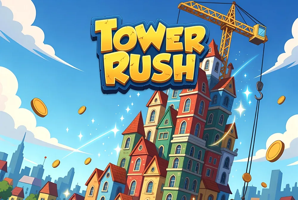 Tower Rush login screen glowing over a night city skyline